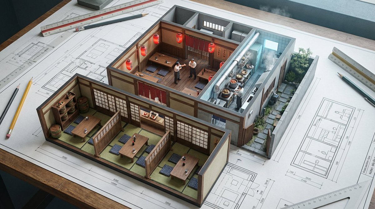 Architectural Blueprint to Miniature Japanese Inn Scene — example 2