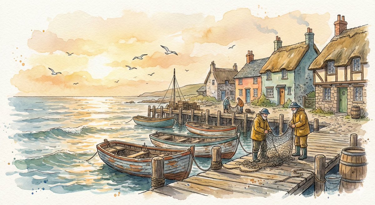 Watercolor Illustration of a Cozy Seaside Harbor Village — example 1