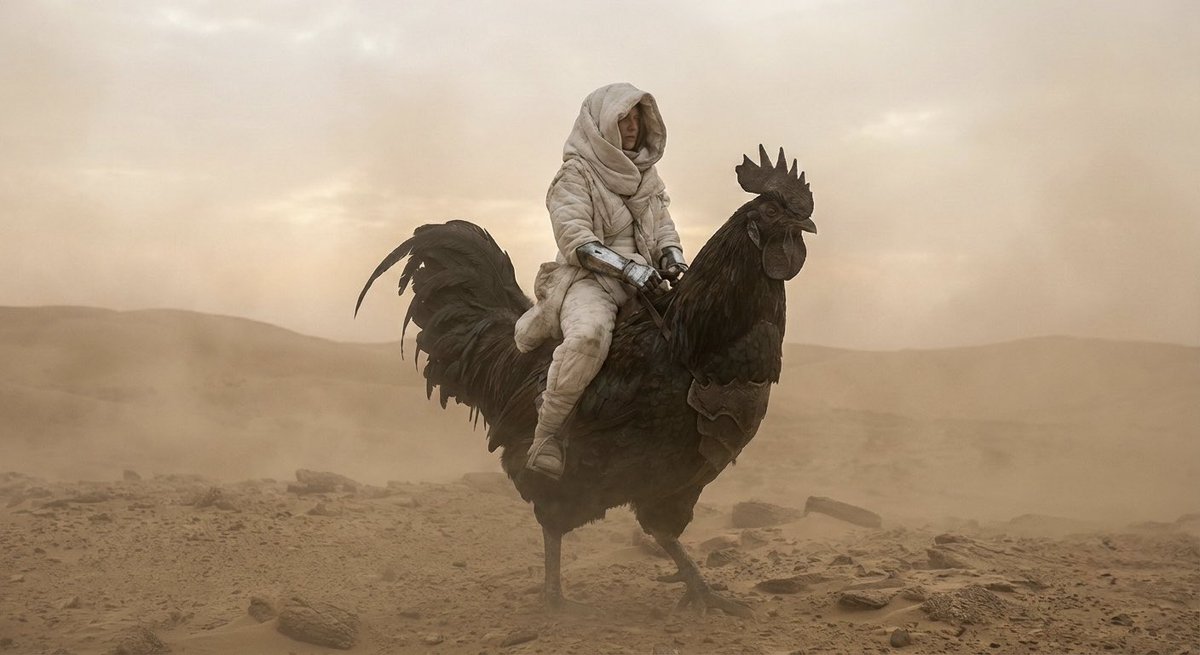 Dune-Inspired Epic Scene with Woman Riding a Giant Rooster — example 1