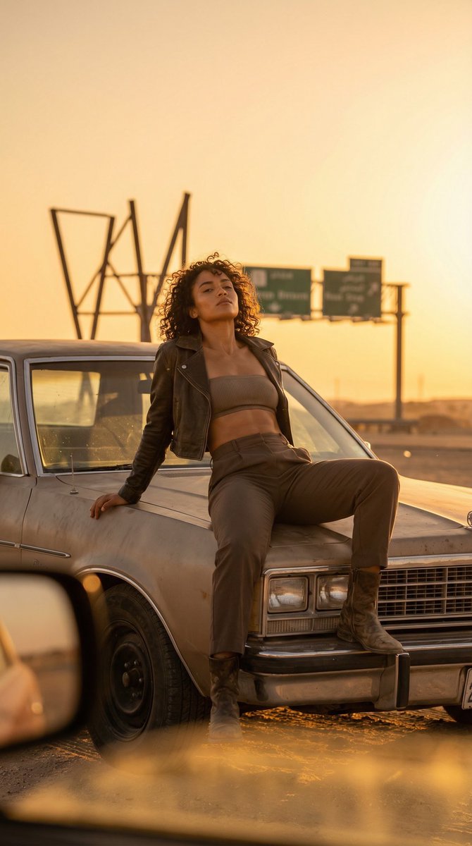 Cinematic Desert Rest Stop Portrait at Golden Hour — example 1
