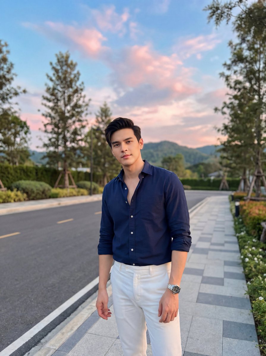 Stylish Man on Sidewalk at Sunset — example 1