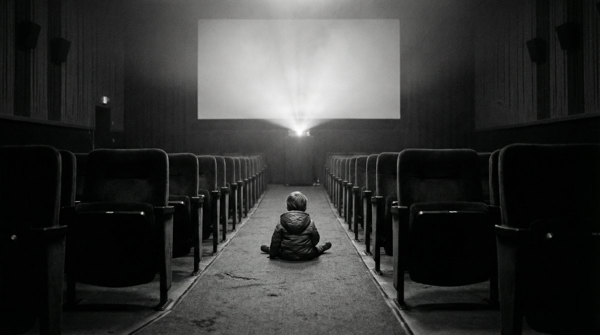 Black and White Documentary Photo of Child in Cinema — example 1