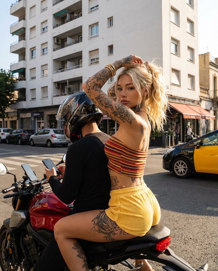 Photorealistic Street Photography of Tattooed Woman on Motorcycle — example 1