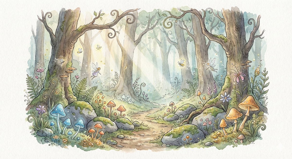 Watercolor Illustration of Enchanted Forest Clearing at Dawn — example 1