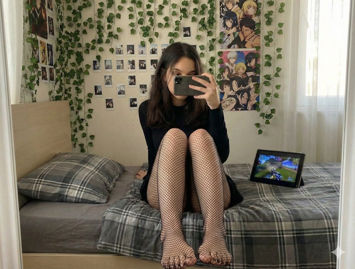 Candid Mirror Selfie with Fishnet Stockings Focus Prompt — example 1