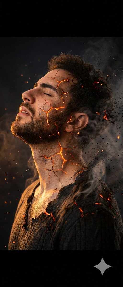 Side Profile Photo of Man in Pain with Molten Fissures — example 1