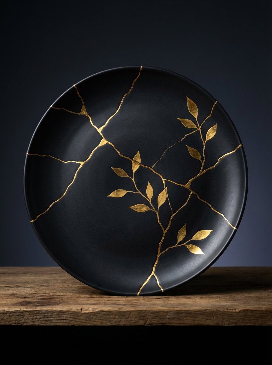 Kintsugi Black Ceramic Plate with Gold Decoration — example 1