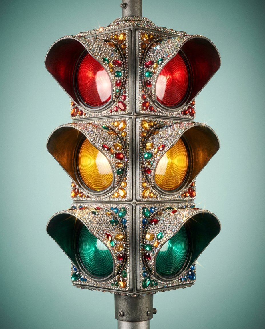 Rhinestone Encrusted Vintage Traffic Light Close-Up — example 1