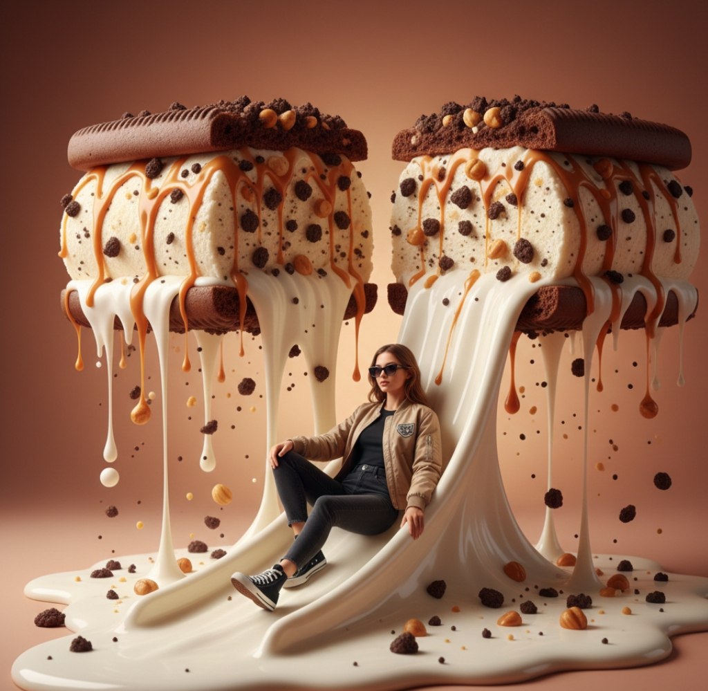 Surreal Woman Sliding Down Melted Ice Cream or Jam — example 1