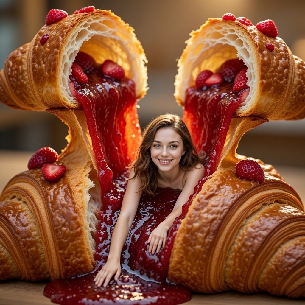 Surreal Woman Sliding Down Melted Ice Cream or Jam — example 2