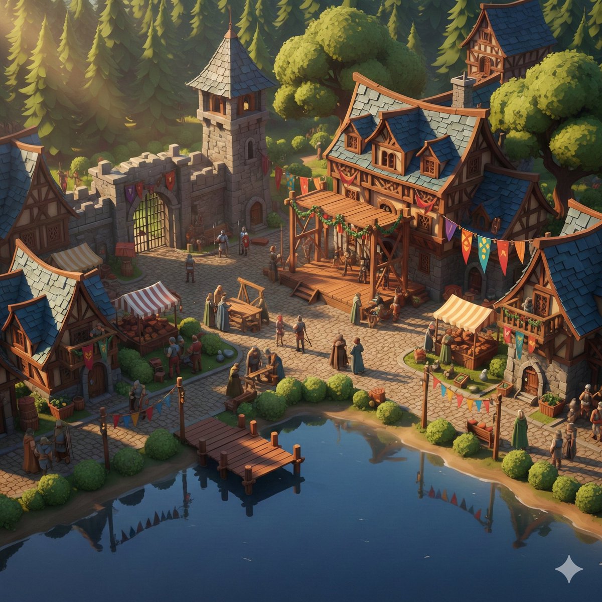 Cinematic Stylized Medieval Village Festival Scene — example 1