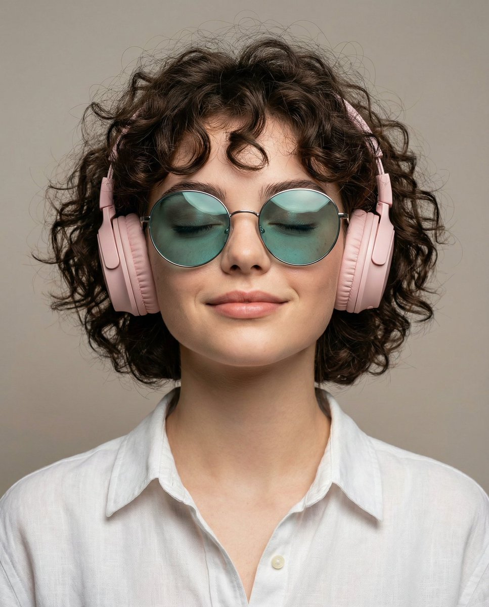 Ultra-Realistic Studio Portrait of Woman with Eyes Closed and Headphones — example 1