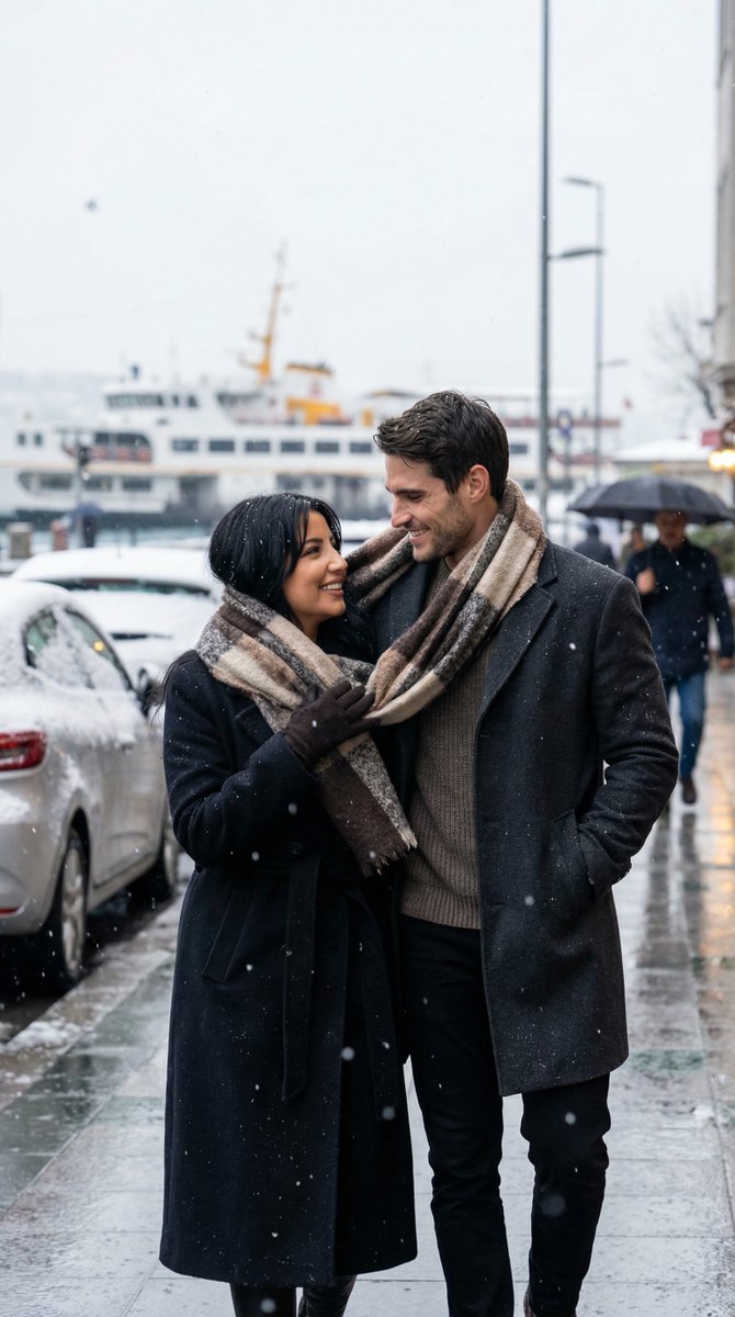 Photoreal Candid Street Romance in Winter Snow — example 1