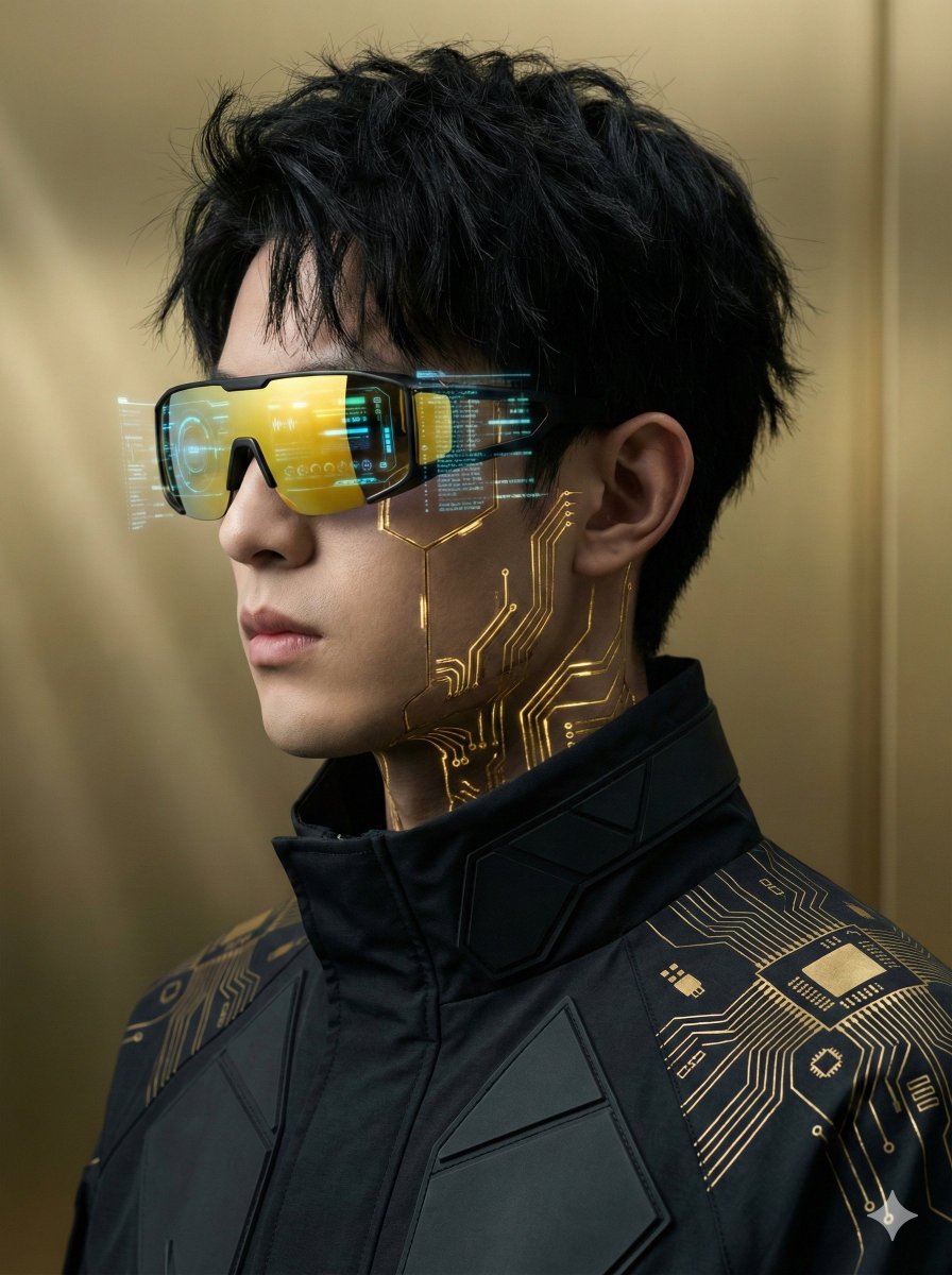 Futuristic Cyberpunk Portrait with Golden Circuitry