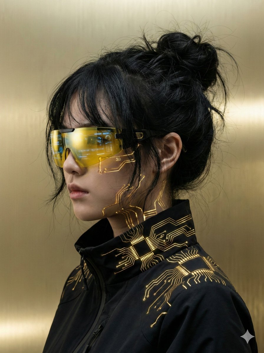 Futuristic Cyberpunk Portrait with Golden Circuitry — example 2