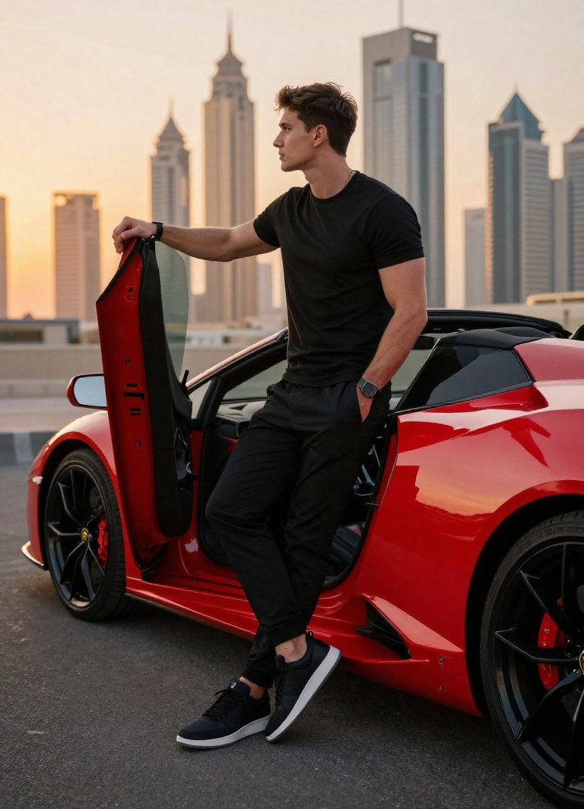 Cinematic Portrait with Lamborghini in Dubai Sunset — example 2