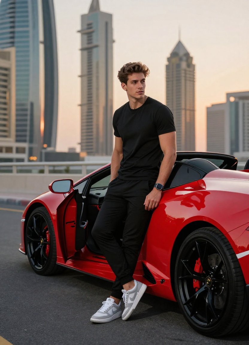 Cinematic Portrait with Lamborghini in Dubai Sunset — example 3