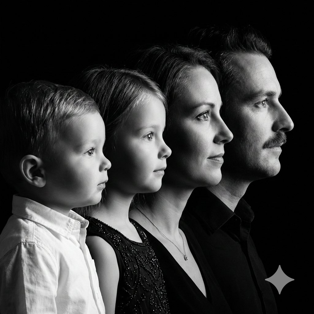 High-Contrast Black and White Family Studio Portrait — example 1