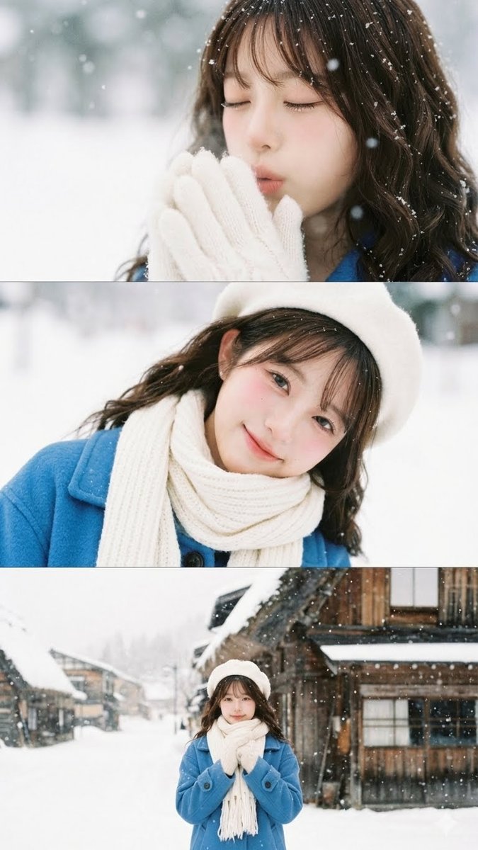 Vertical film strip collage of an Asian woman in a snowy Hokkaido setting — example 1