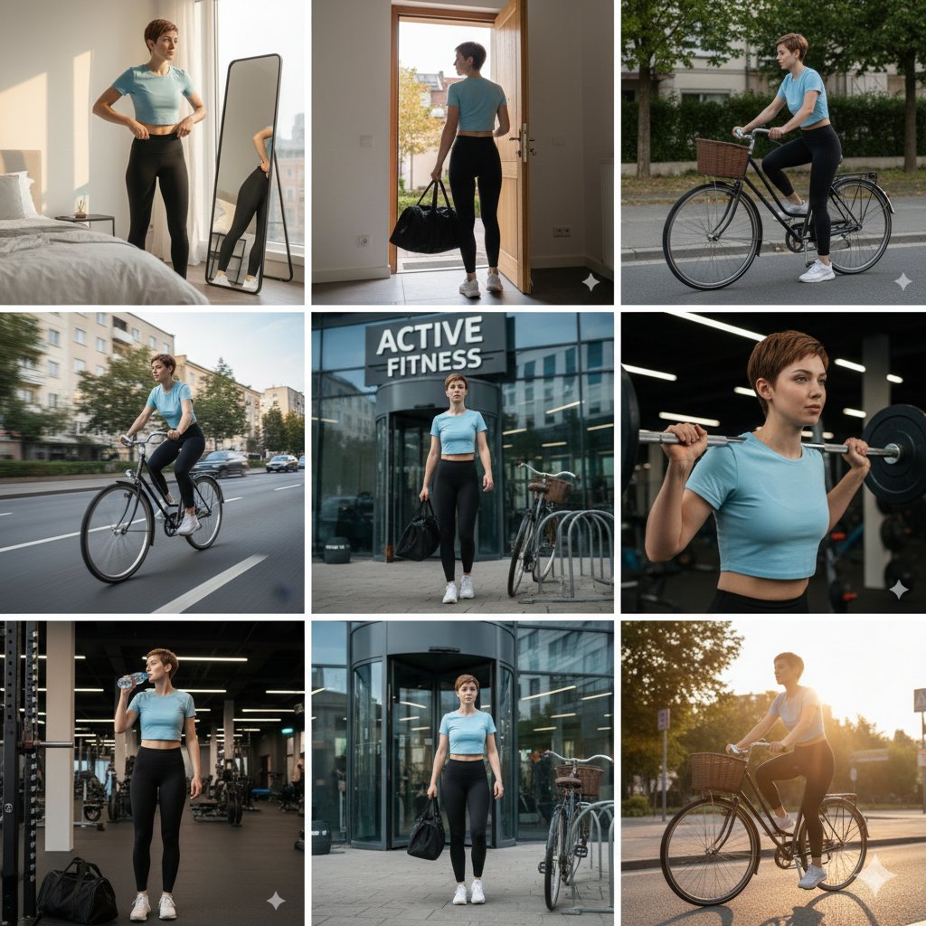 Ultra-realistic cinematic 9-photo collage of a gym girl's fitness journey — example 1