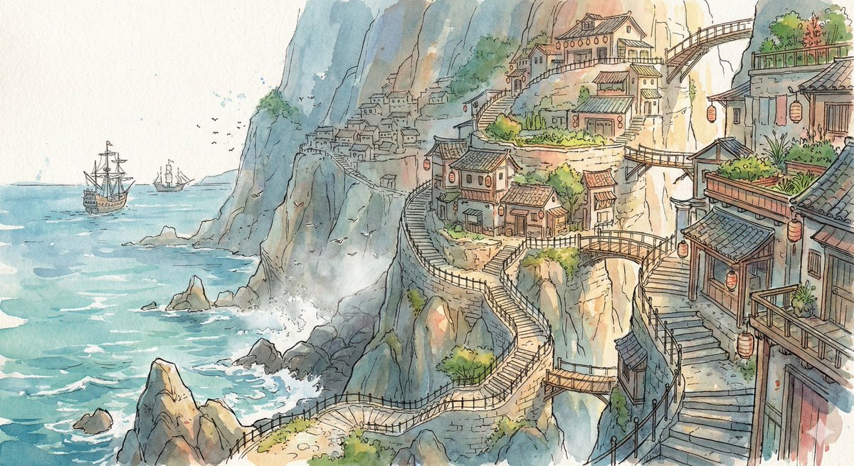 Watercolor Cliffside Village Illustration