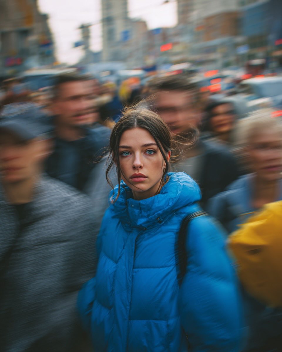 Cinematic Street Portrait of Woman in Puffer Jacket (3 Variations) — example 1