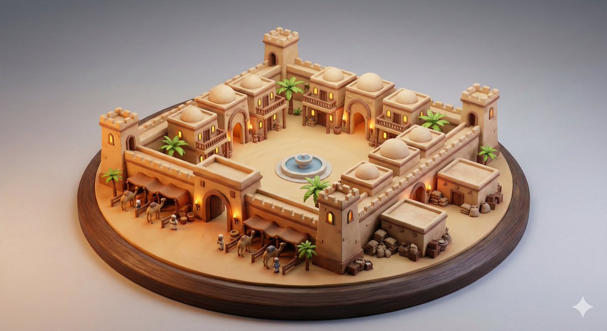 Whimsical Diorama of a Fortified Desert Caravanserai — example 1