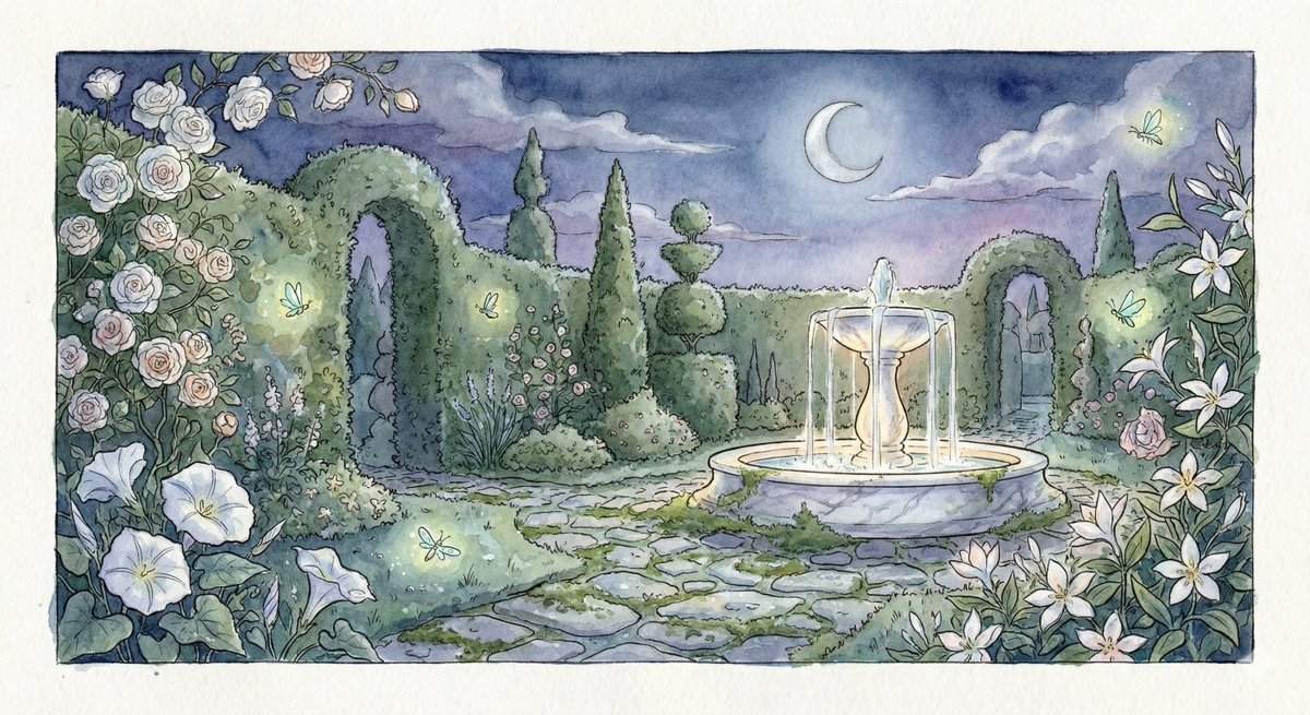 Watercolor Illustration of a Magical Garden at Midnight
