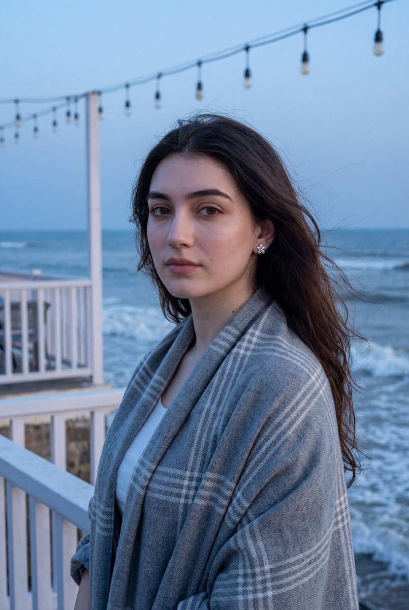 Photorealistic Portrait of a Woman on a Seaside Terrace at Blue Hour — example 1