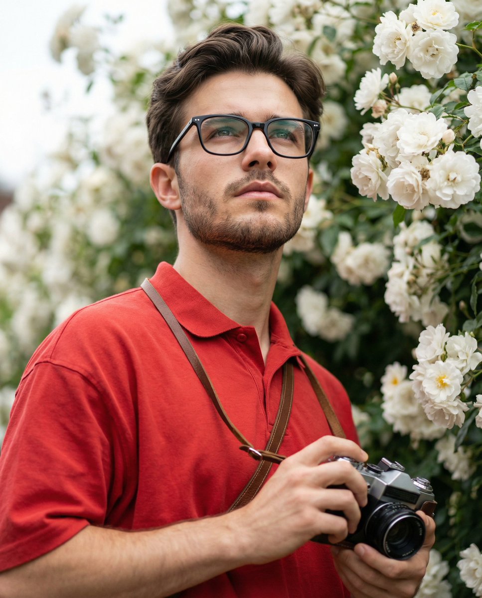 Ultra-Realistic Portrait with Vintage Camera and Flowers — example 1