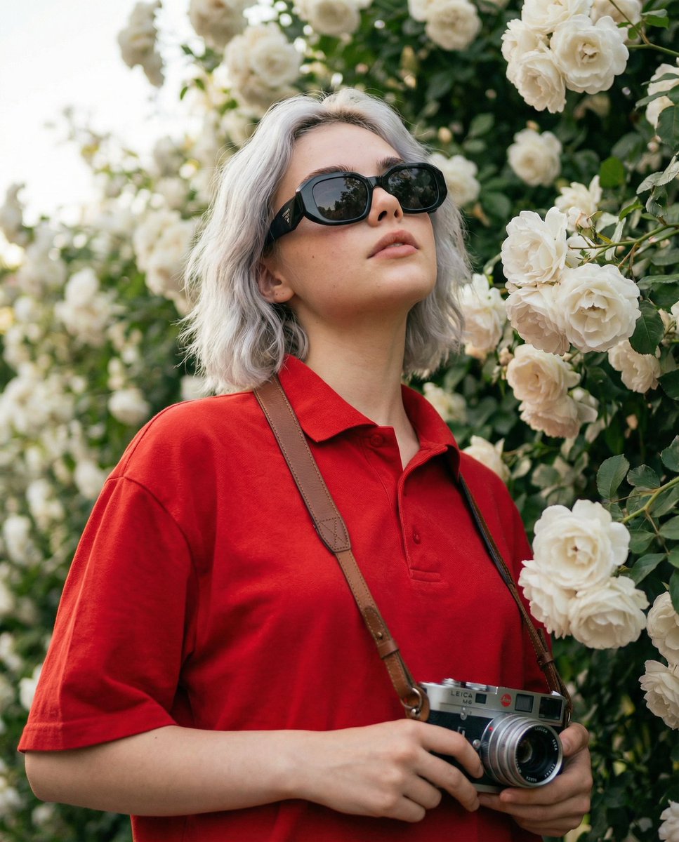 Ultra-Realistic Portrait with Vintage Camera and Flowers — example 2