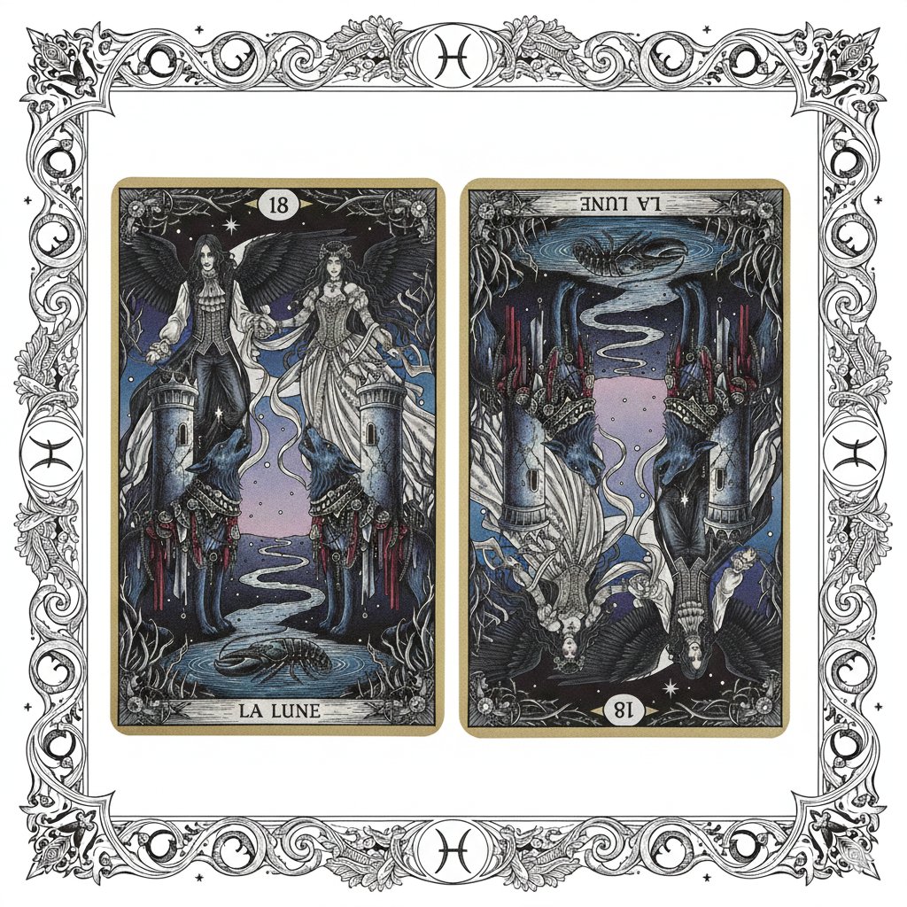 Nano Banana Pro Prompt: Tarot Card 18 (The Moon) with Mális Mizer and Pisces — example 1
