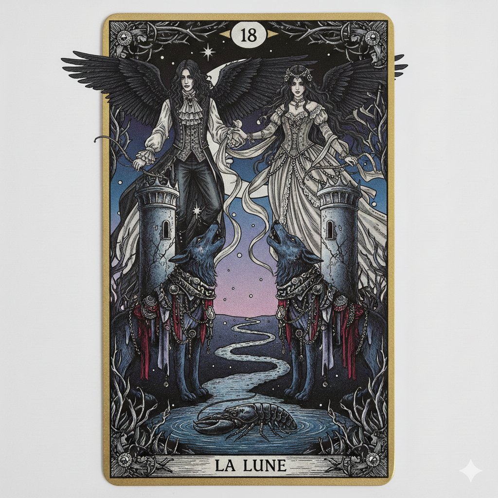 Nano Banana Pro Prompt: Tarot Card 18 (The Moon) with Mális Mizer and Pisces — example 3
