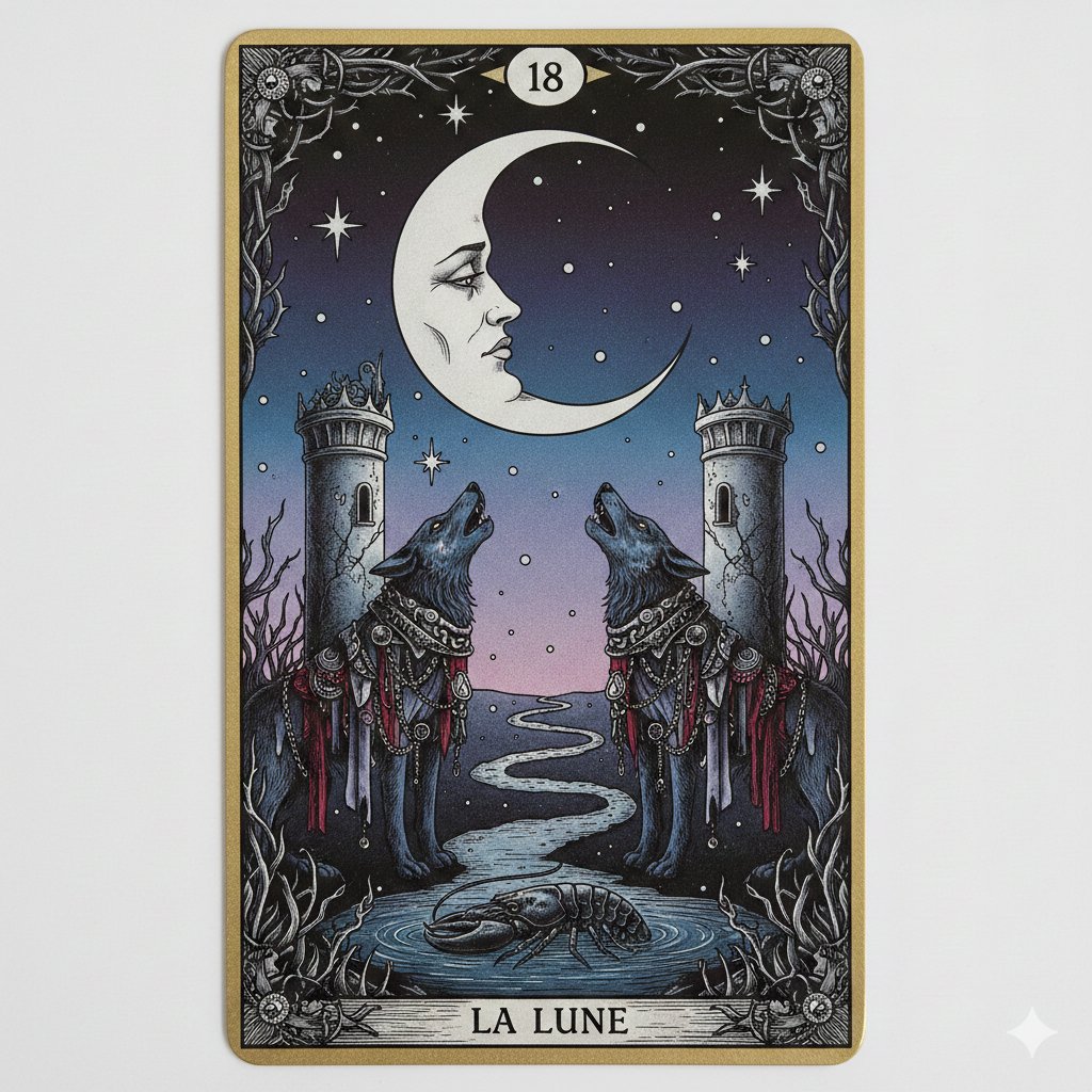 Nano Banana Pro Prompt: Tarot Card 18 (The Moon) with Mális Mizer and Pisces — example 4