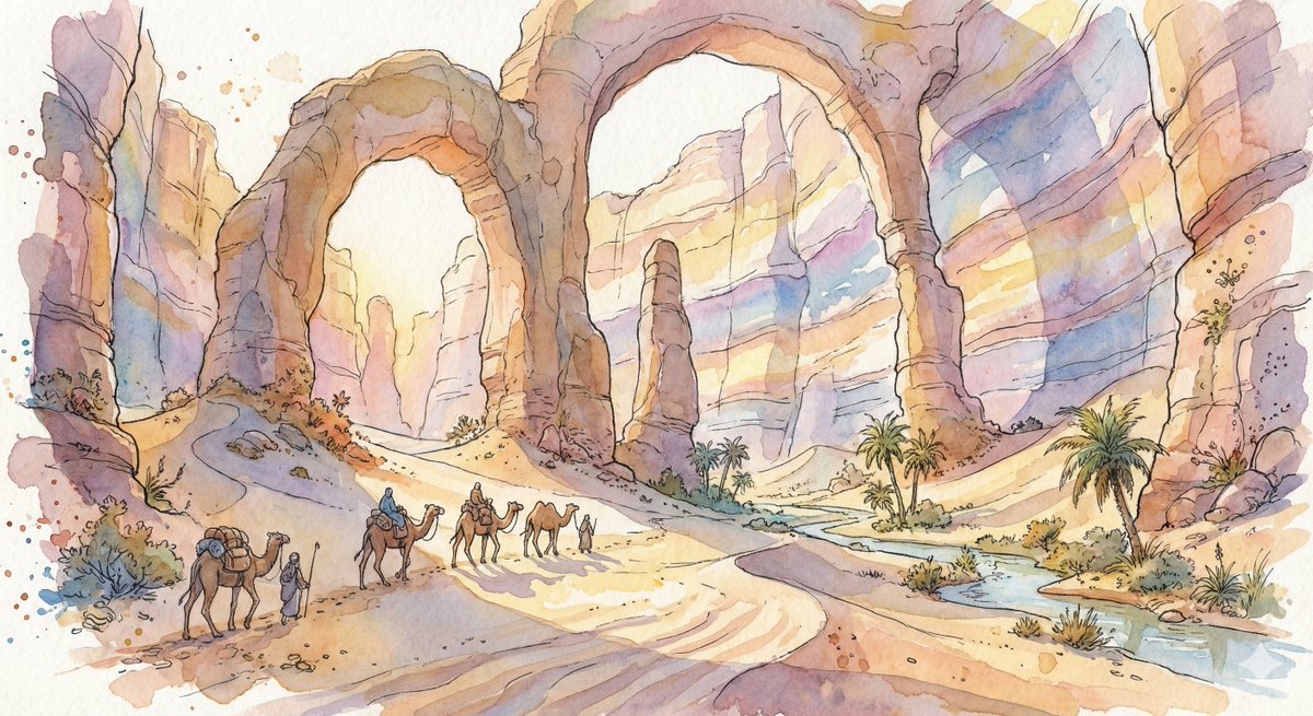 Fantasy Watercolor Illustration of an Immense Desert Canyon — example 1