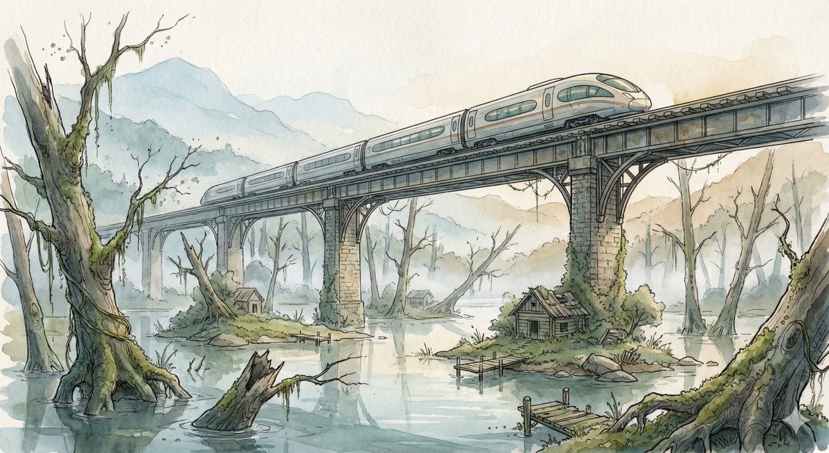 Fantasy Watercolor Illustration of an Elevated Rail Bridge over Flooded Forest — example 1