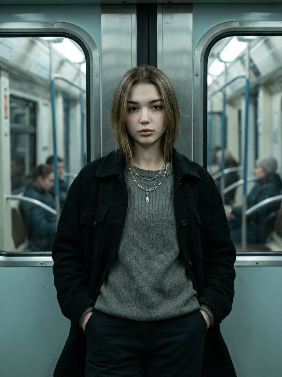 Cinematic Editorial Fashion Portrait in Subway — example 1