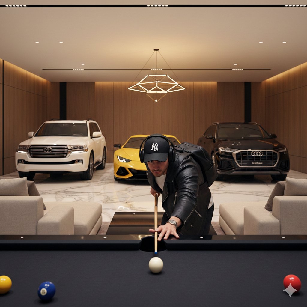 Luxury Lifestyle Billiards Scene with High-End Cars