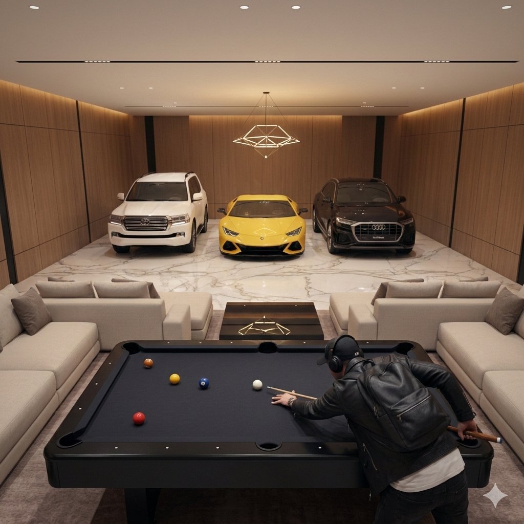Luxury Lifestyle Billiards Scene with High-End Cars — example 2