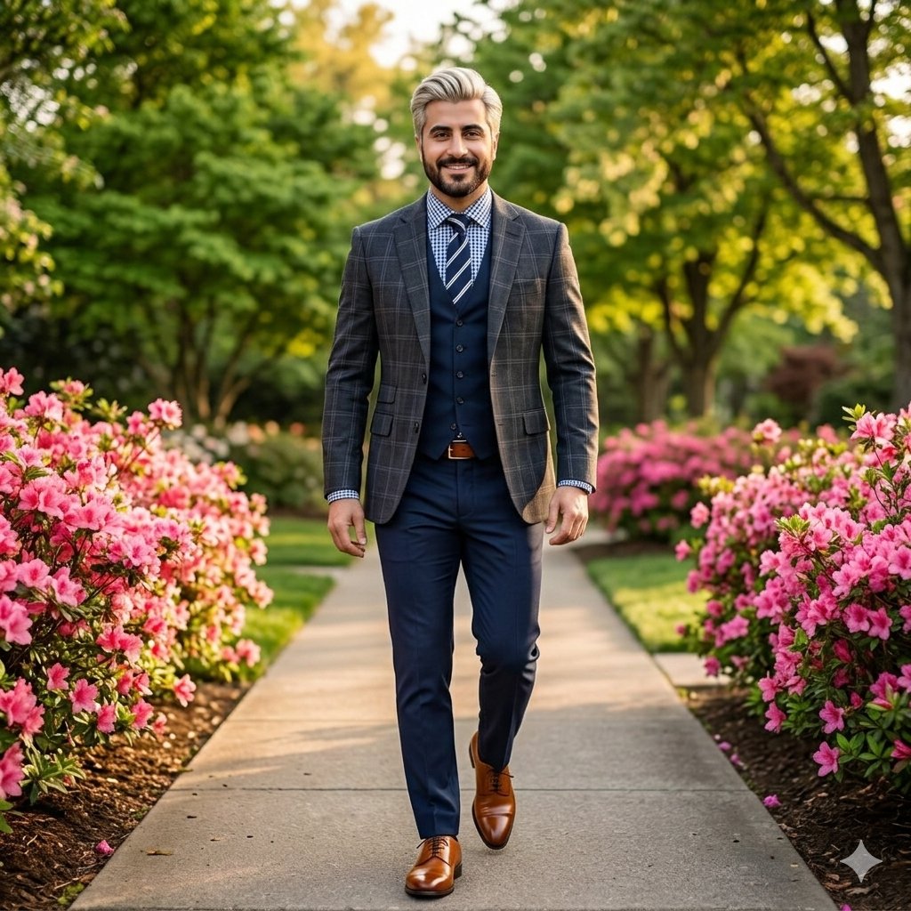 High-End Fashion Portrait of South Asian Man in Garden — example 1