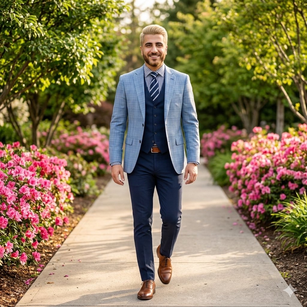 High-End Fashion Portrait of South Asian Man in Garden — example 2