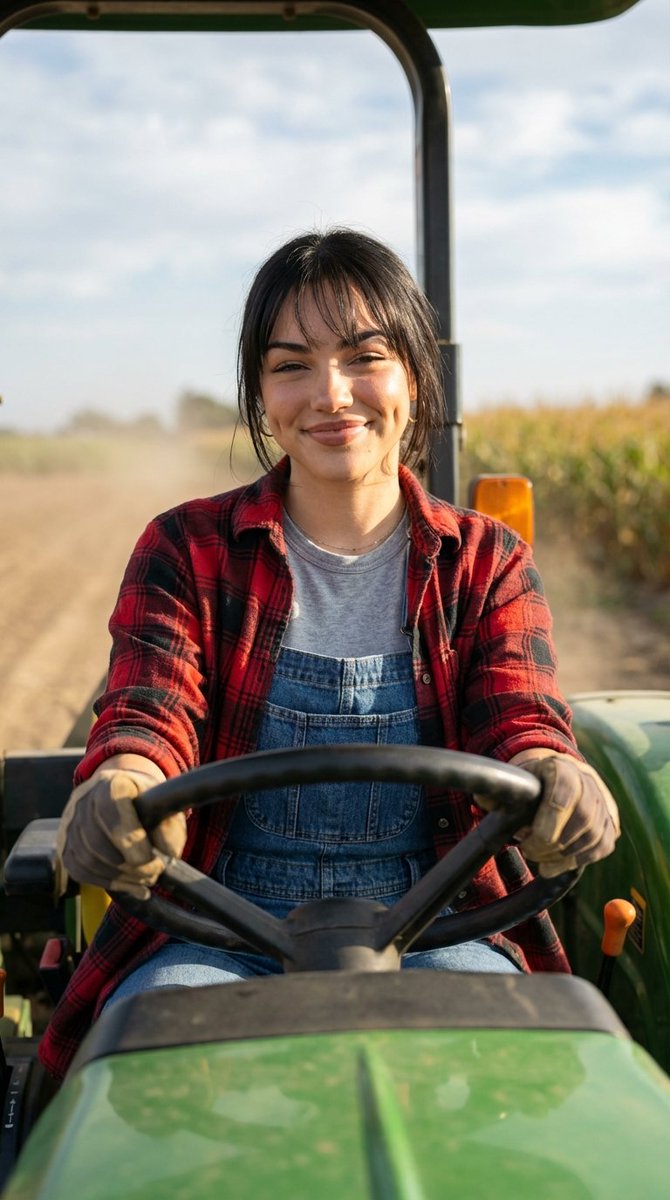 Detailed Character Prompt: Young Woman Driving a Tractor — example 1