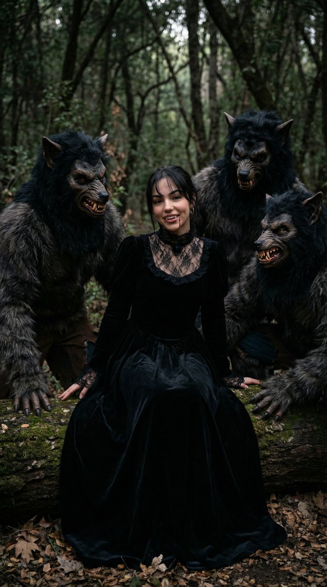 Detailed Character Prompt: Vampire Girl with Werewolves — example 1