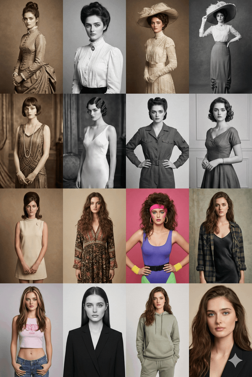 16 Decades of Fashion Portrait Grid Prompt — example 1