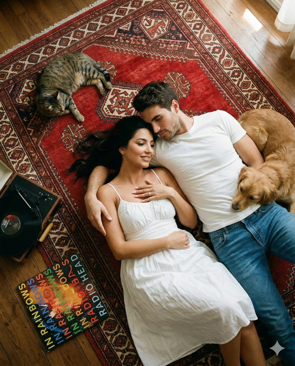 Top-Down Cinematic Couple Portrait on a Turkish Rug (Image-to-Image) — example 1