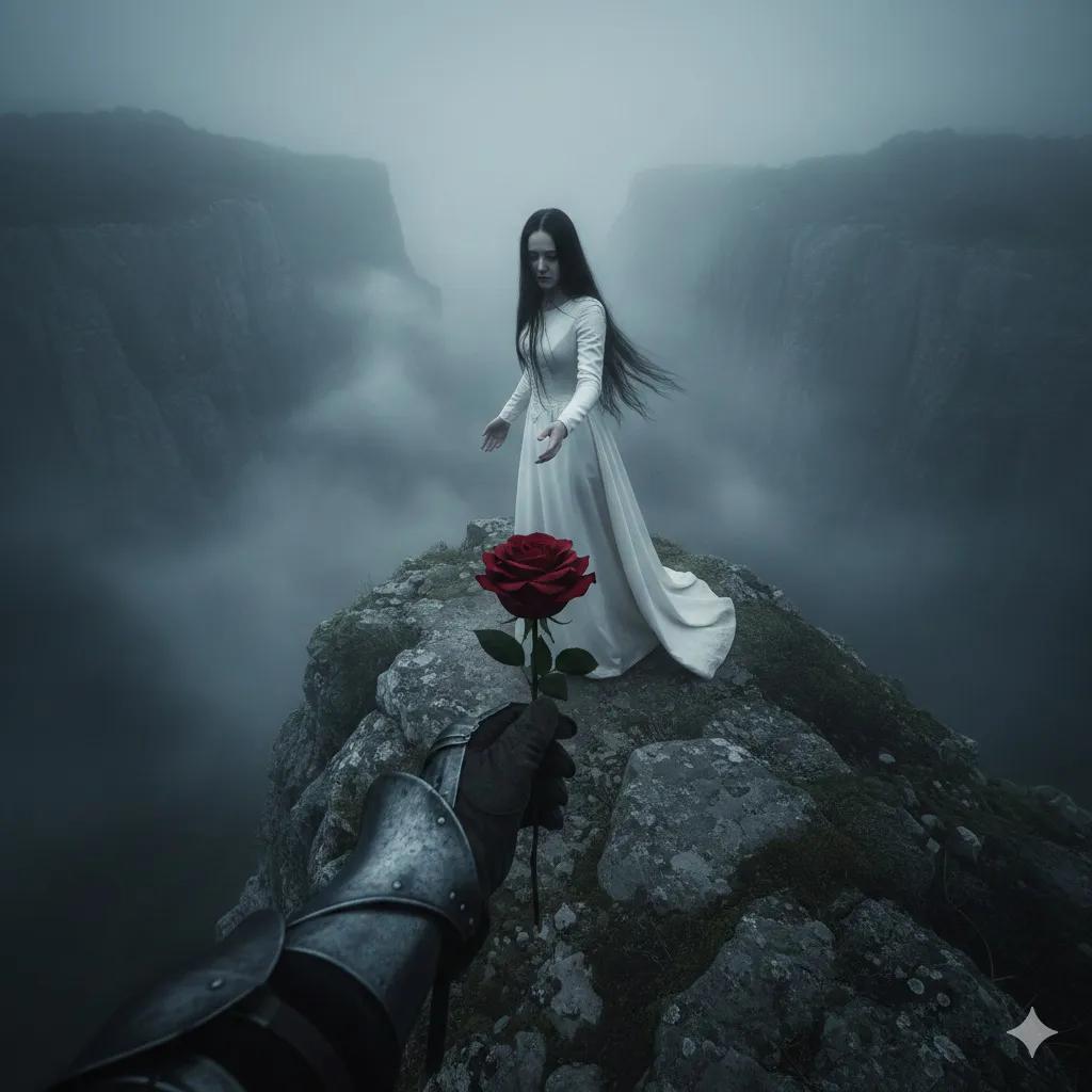 Haunting Cinematic Cliff Scene with Red Rose — example 1
