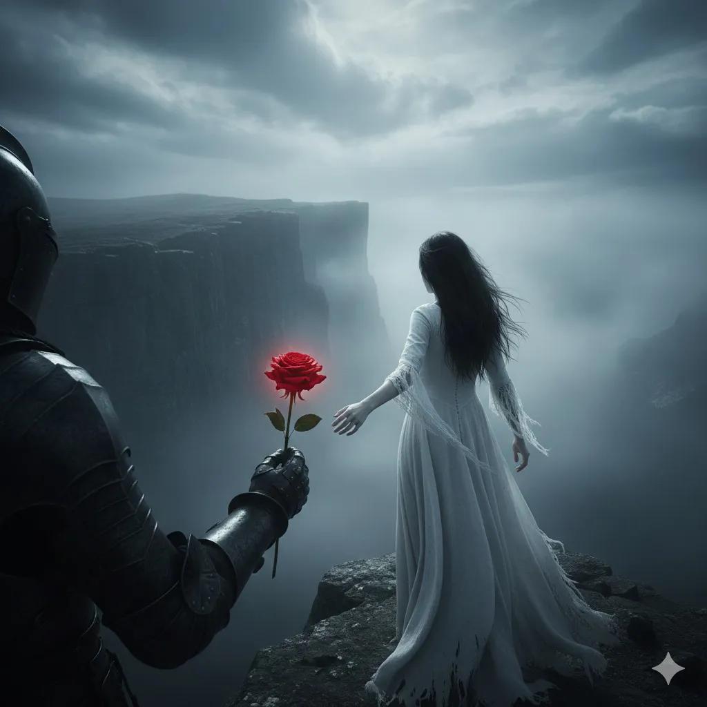 Haunting Cinematic Cliff Scene with Red Rose — example 2