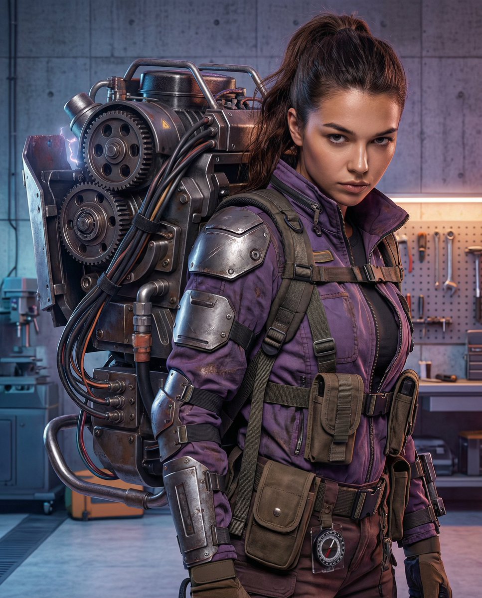 Cyberpunk Mechanic with Massive Exosuit Backpack — example 1