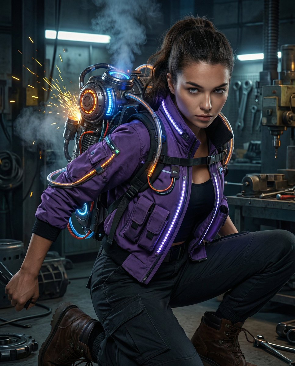 Cyberpunk Mechanic with Massive Exosuit Backpack — example 2