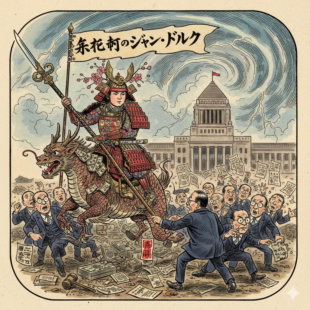 Image generation prompt for Nano Banana Pro: Caricature of Joan of Arc in Nagatacho — example 1